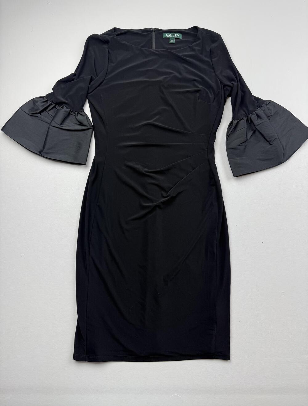 Lauren Ralph Lauren Dress Womens 6 Black Bell Sleeve Ruched Sheath Knee Length